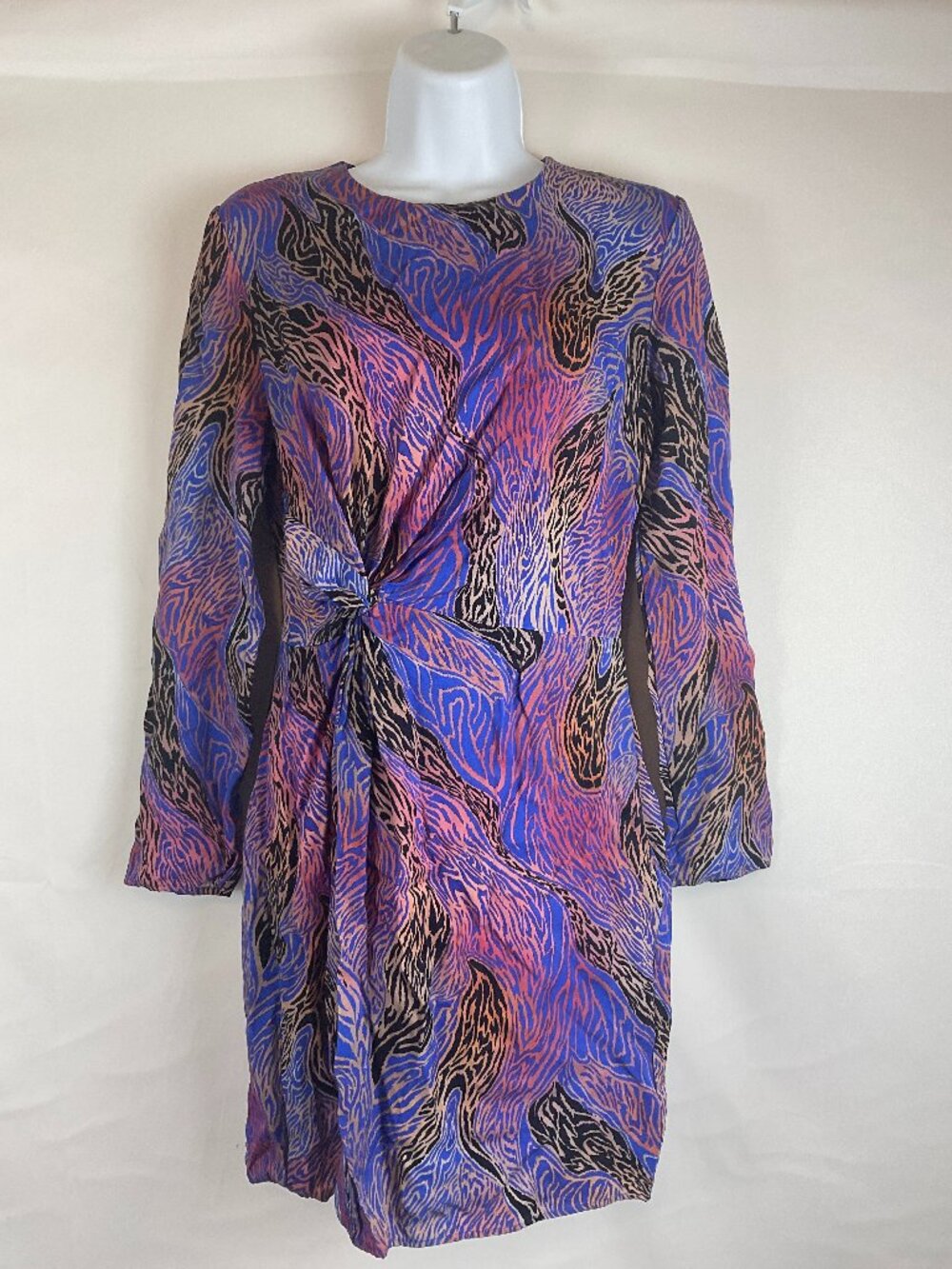 & Other Stories Dress US 4 Blue Black Tan Orange Pattern Long Sleeve Twist
